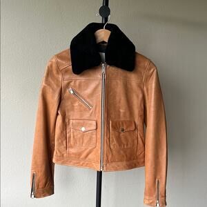 Doma Women’s Cropped Leather Bomber Jacket with Detachable Shearling Collar - L